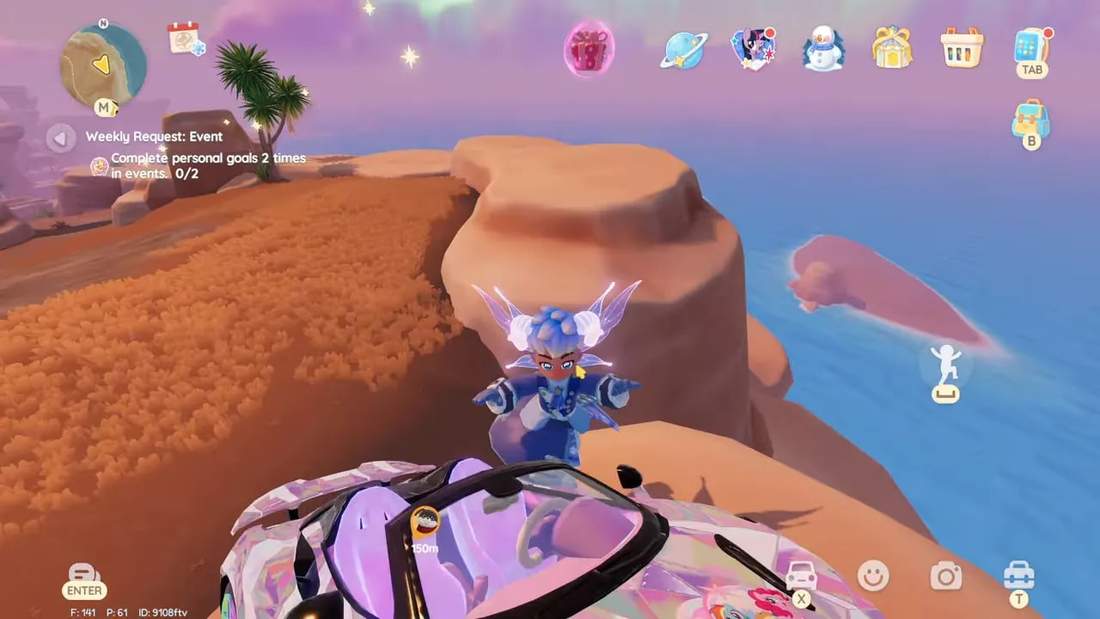 Anson Mountain peak with a pink bubble visible above the cliff, player and car in the foreground