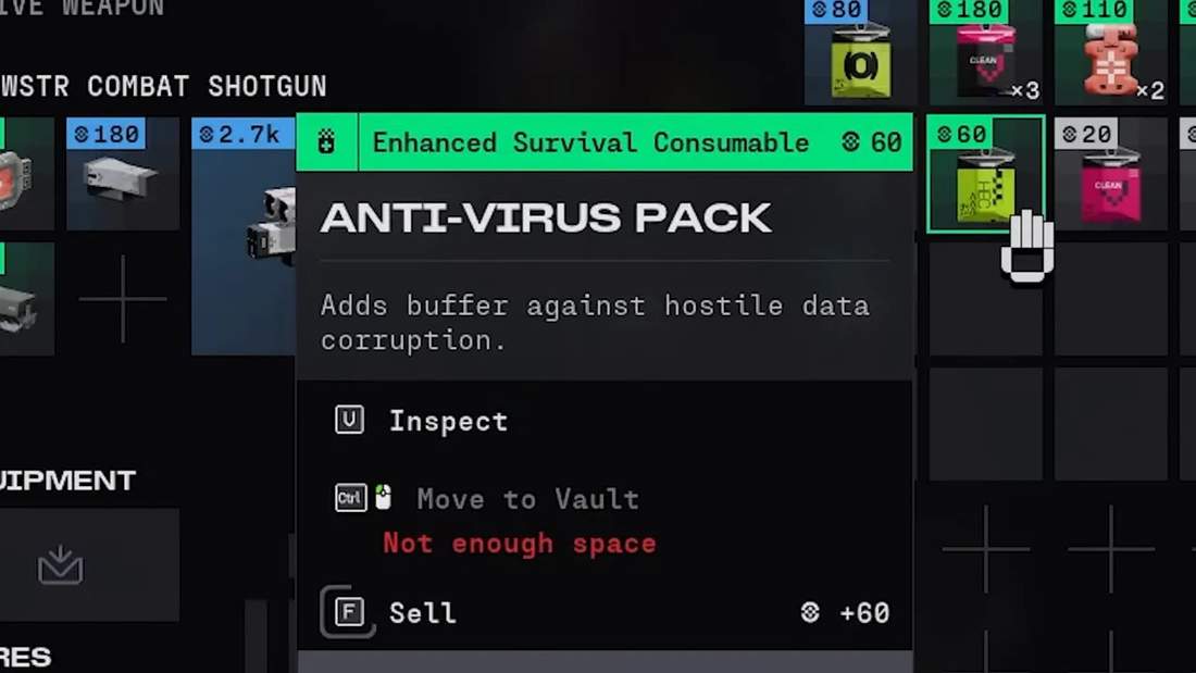 Close-up tooltip reading 'ANTI-VIRUS PACK - Adds buffer against hostile data corruption'