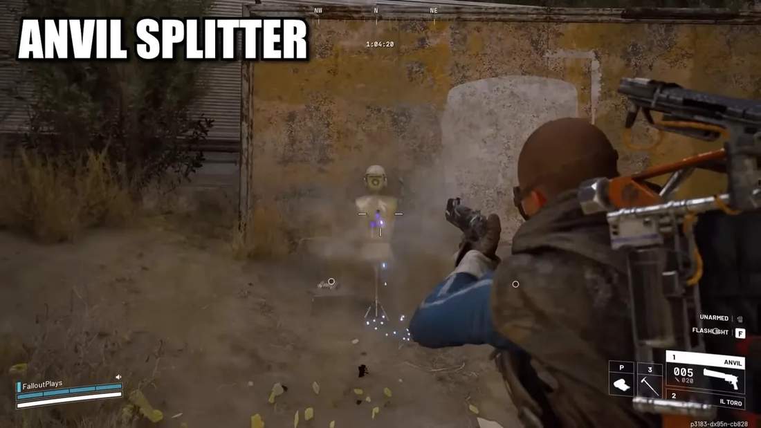 First-person view firing the Anvil with the Anvil Splitter mod, showing multiple projectiles splitting toward a target