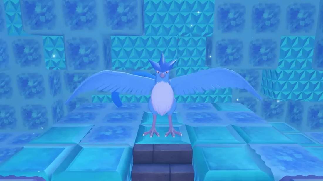 Articuno standing in the completed Freezing Chambers ice altar