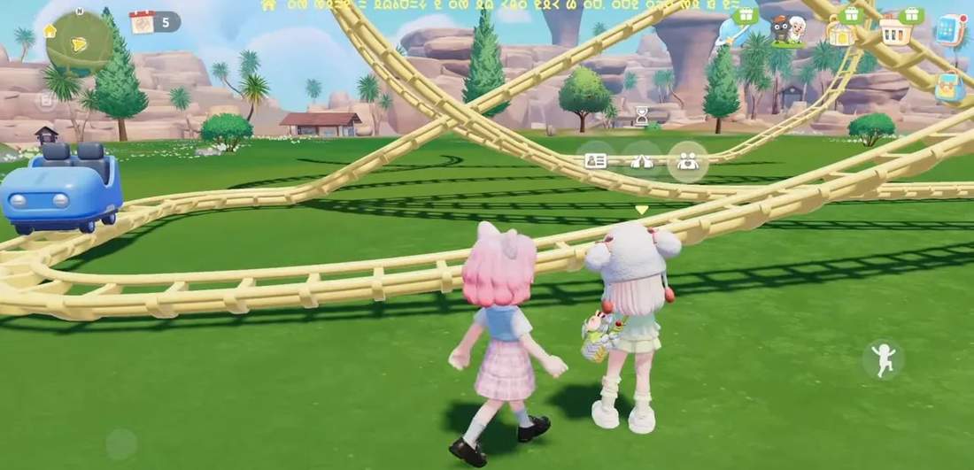 Heartopia screenshot featuring two avatars beside roller coaster tracks with on‑screen interface icons and development build label.