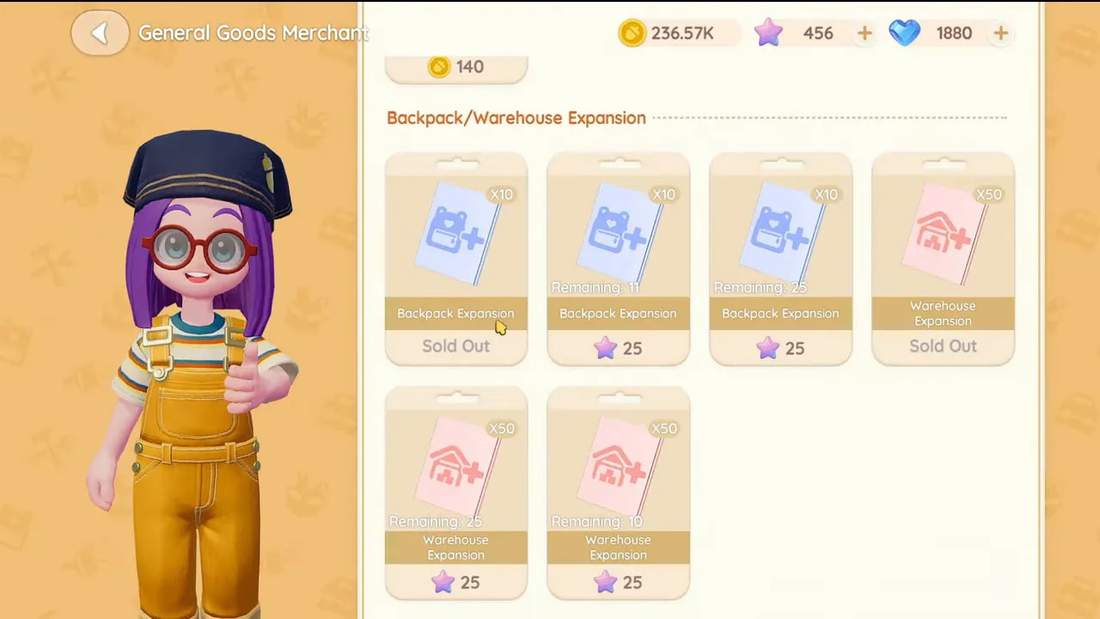 General Goods Merchant shop listing backpack and warehouse expansion items with costs