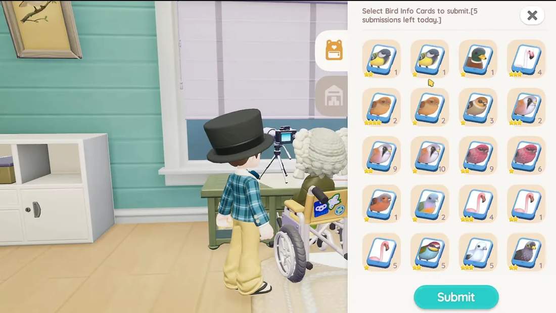 Bird info cards submission screen with Bailey in Heartopia