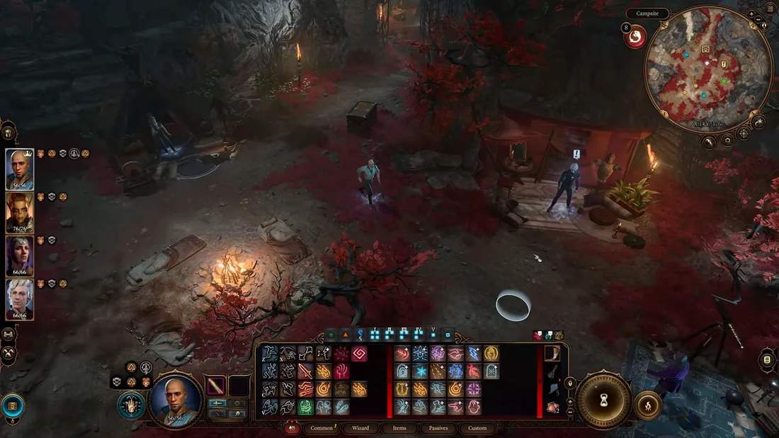 Baldur's Gate 3 campsite overview with party members, minimap, and action hotbar visible.