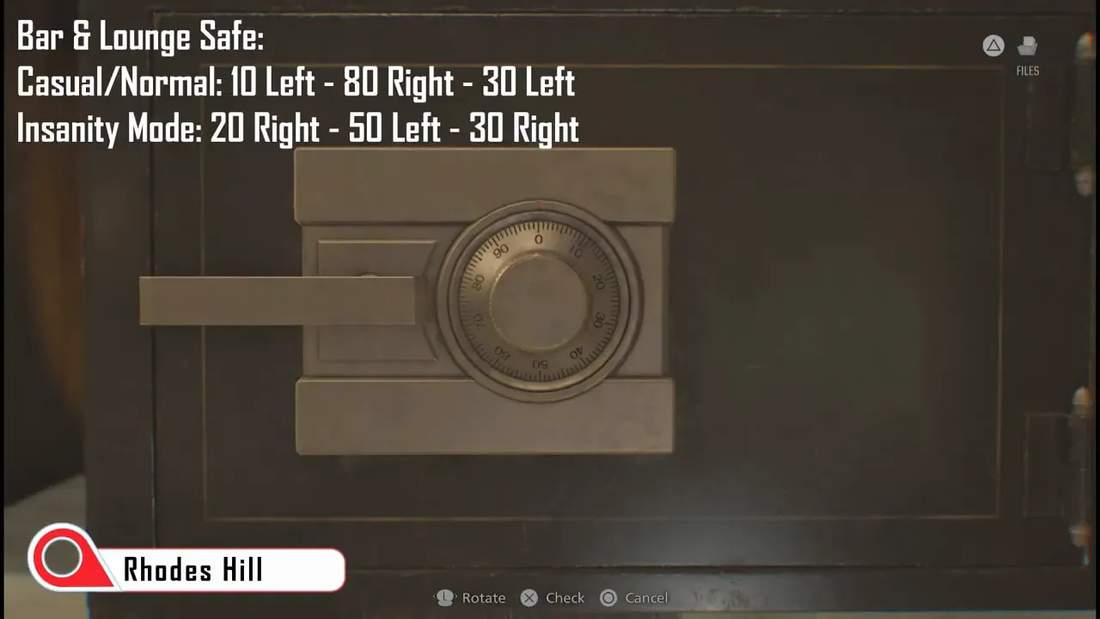 Close up of safe dial showing combination text for Bar &amp; Lounge safe in Resident Evil Requiem