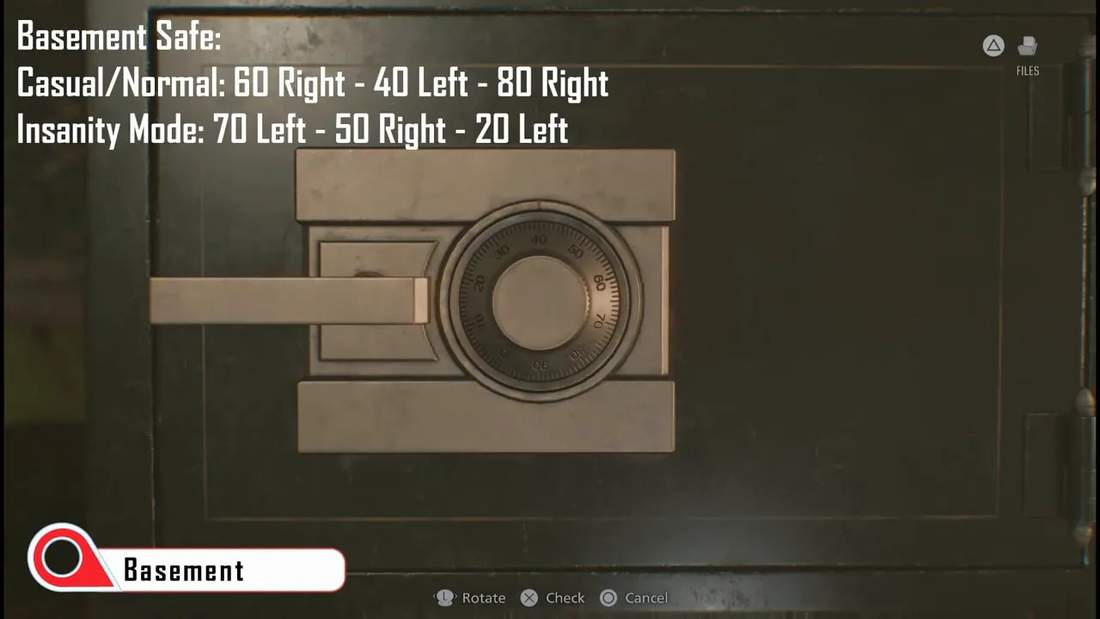 Basement safe dial close-up with Casual/Normal combination: 60 right, 40 left, 80 right