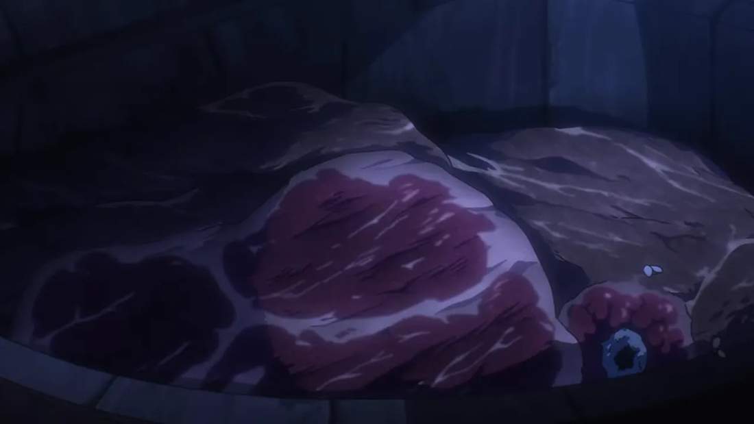 slabs of raw meat in a stone trough emphasizing the questionable rations