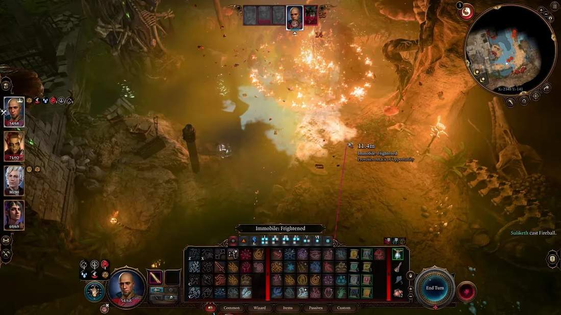 Baldur's Gate 3 combat with heavy explosion effects and turn HUD