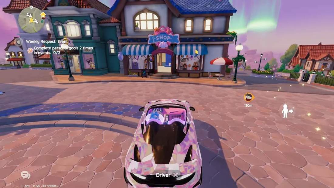 Wide view of the Bob shop storefront and plaza with a pink car in the foreground