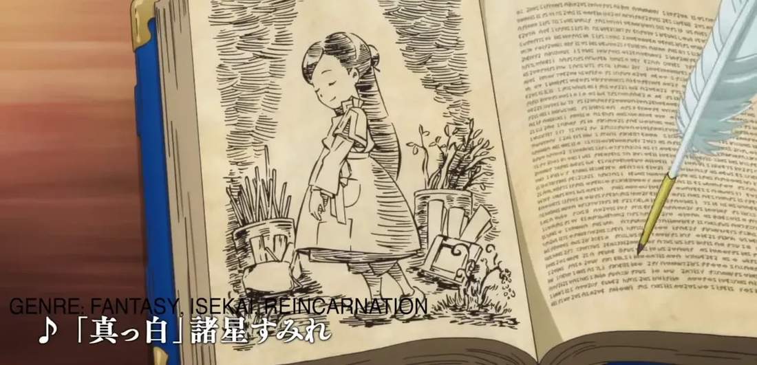 Open illustrated book page with a feather quill and a sketch of a girl, evoking books and printing