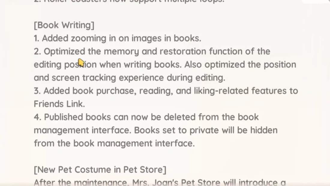 Clear patch notes screenshot showing the 'Book Writing' section listing: added zooming in on images in books; optimized memory and restoration of editing position; Friends Link features; published book deletion.