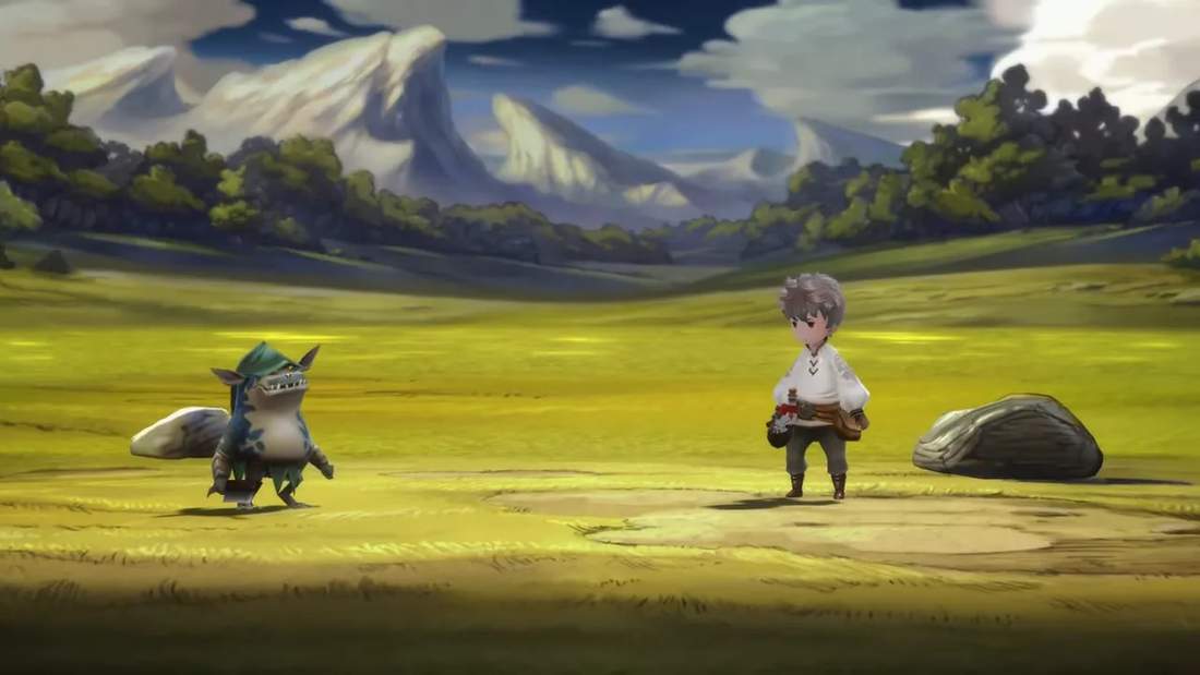 Bravely Default remaster battle scene with the protagonist facing a small monster on a grassy plain.