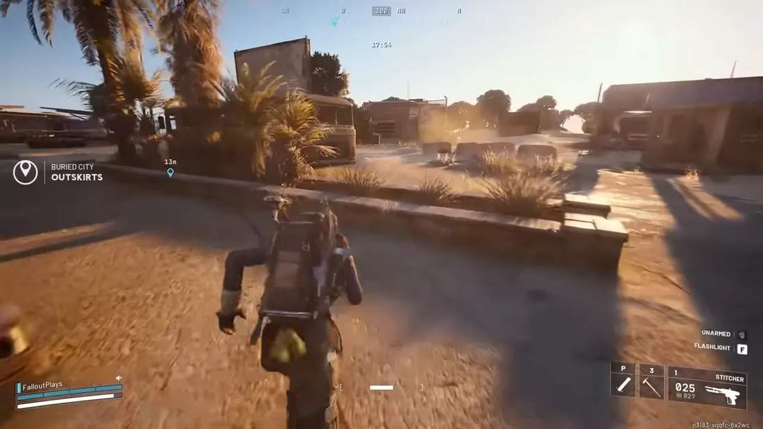 Third-person Arc Raiders view of a player sprinting through the Buried City outskirts in sunlight with HUD markers.