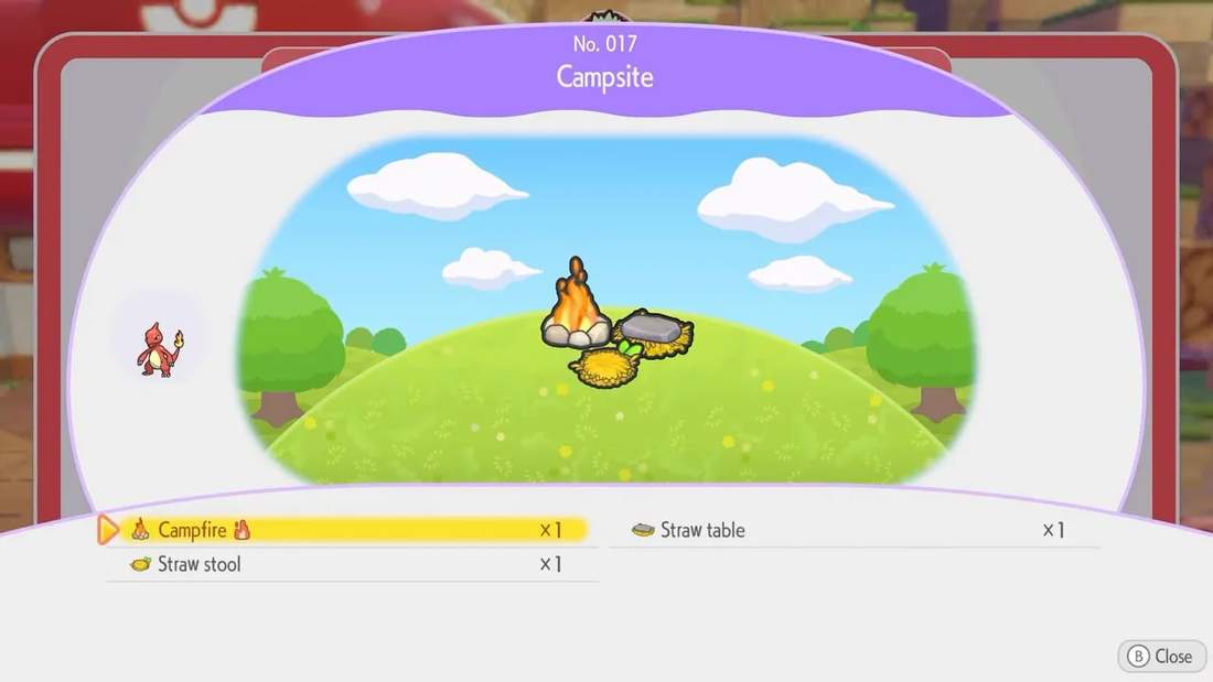 Campsite menu screen showing campfire, straw stool and straw table for building a campsite