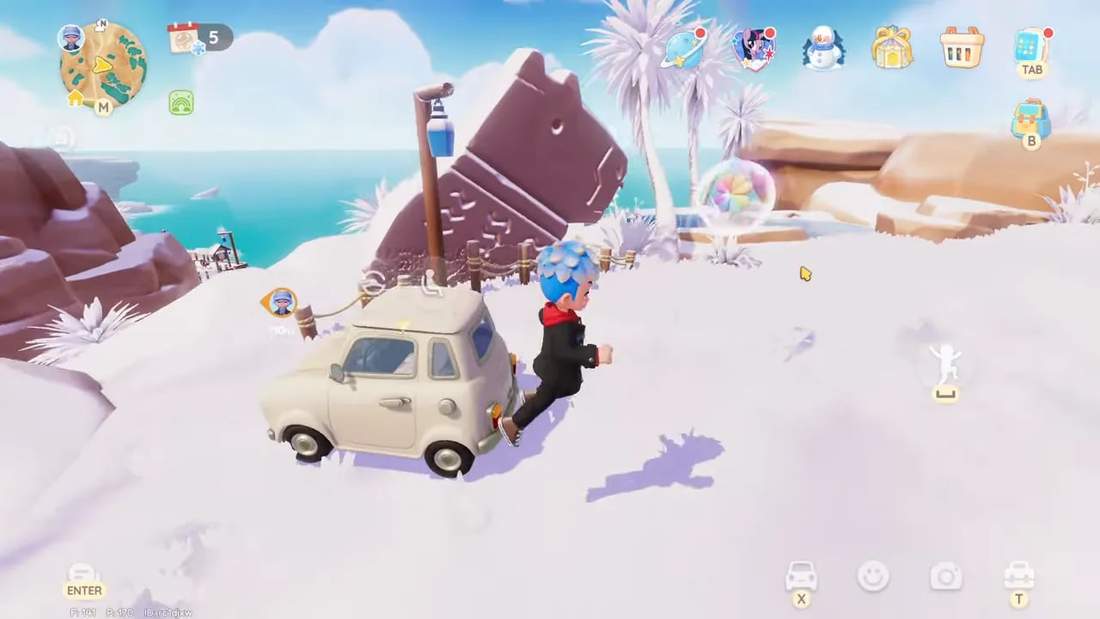 Stone Cappy Bar statue at Onen Mountain entrance with a bouquet bubble nearby and the player next to a car