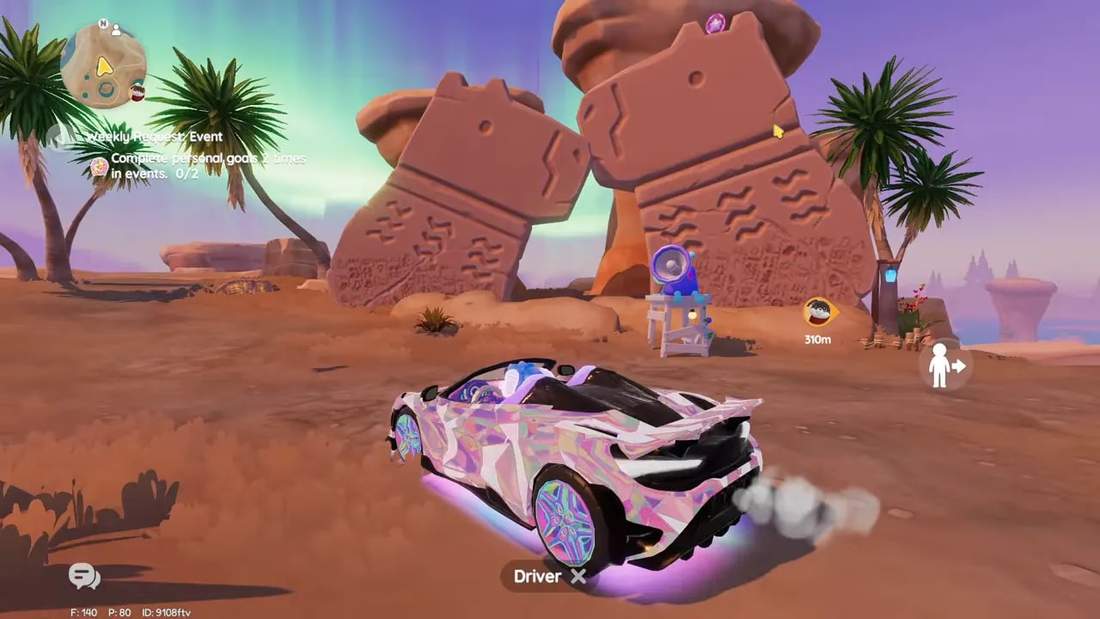 Two large capybara statues with a pink bubble visible on the left statue and the player's car in front