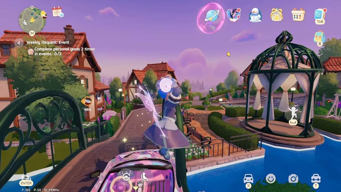 Player standing on a car on the bridge roof next to a gazebo with the pink bubble visible overhead