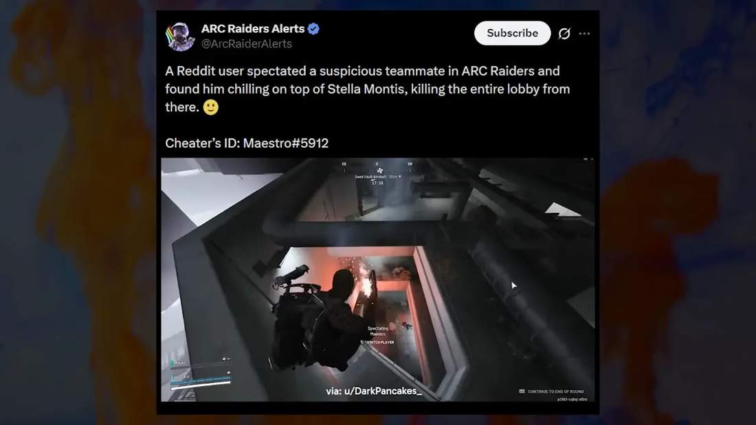 Arc Raiders screenshot showing a spectator view of a cheater perched out-of-bounds on Stella Montis firing into the map.