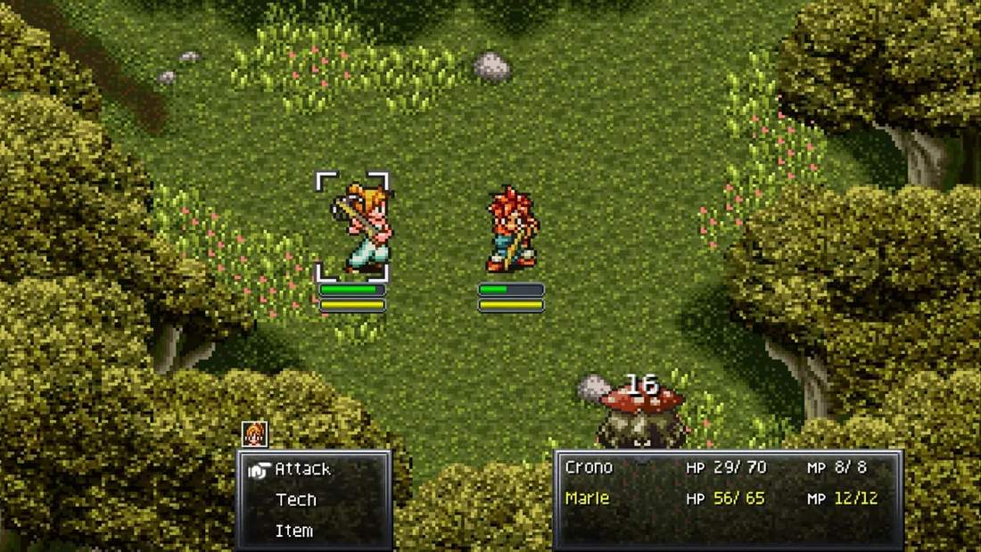 Chrono Trigger battle menu and HP/MP display during a forest fight
