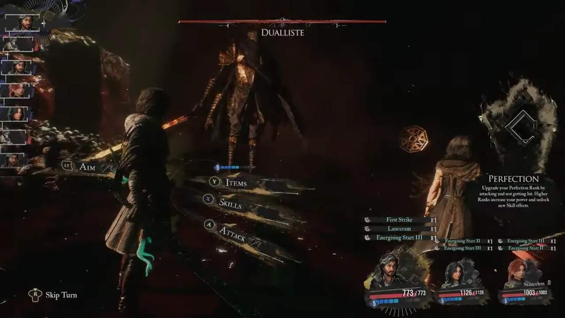 Gameplay screenshot showing Clair Obscur's battle menu, party health bars and enemy Dualliste