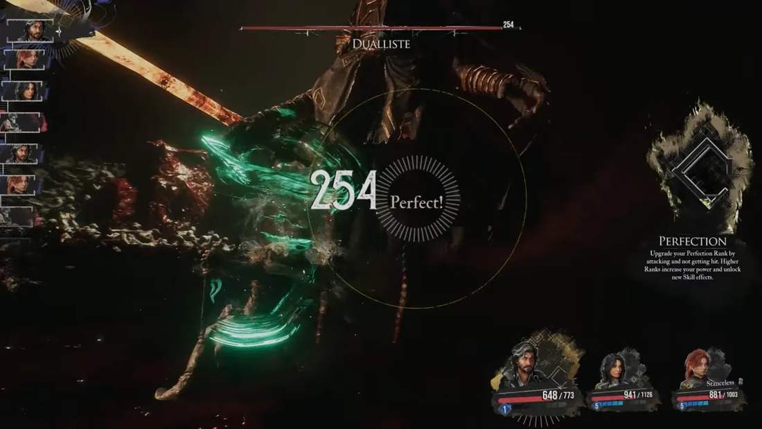 Clair Obscur: Expedition 33 gameplay showing a Perfect combo hit during a duel