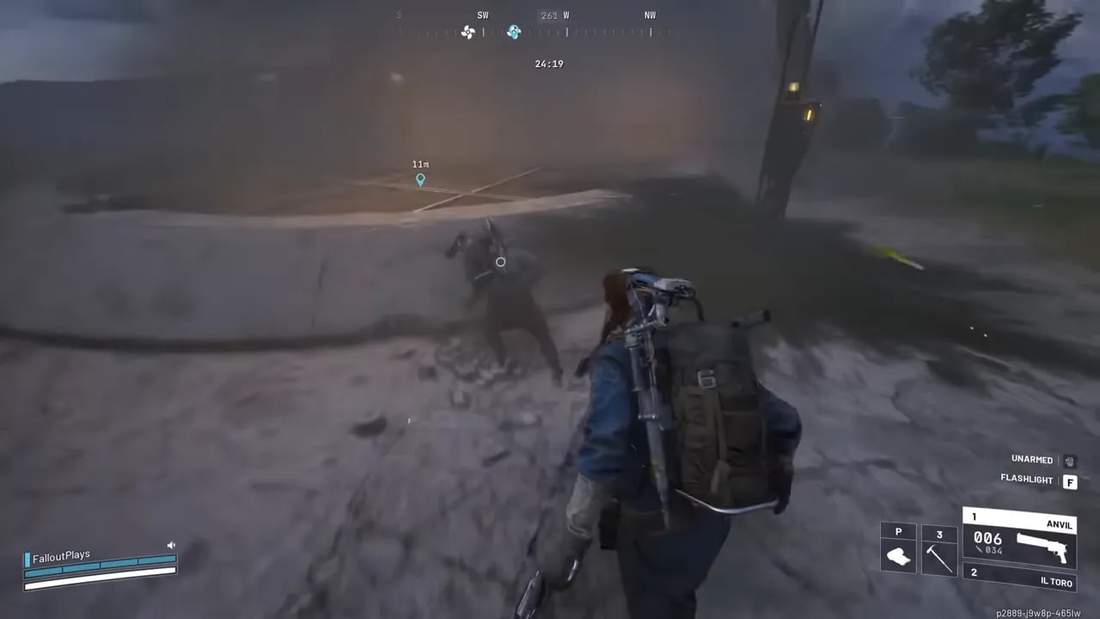 Arc Raiders third-person close-quarters combat with player approaching an enemy in a foggy area, HUD visible.