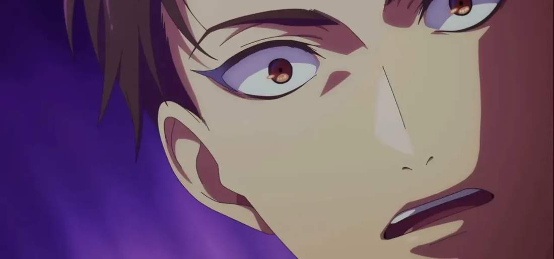 Close-up of a shocked male anime character with purple background