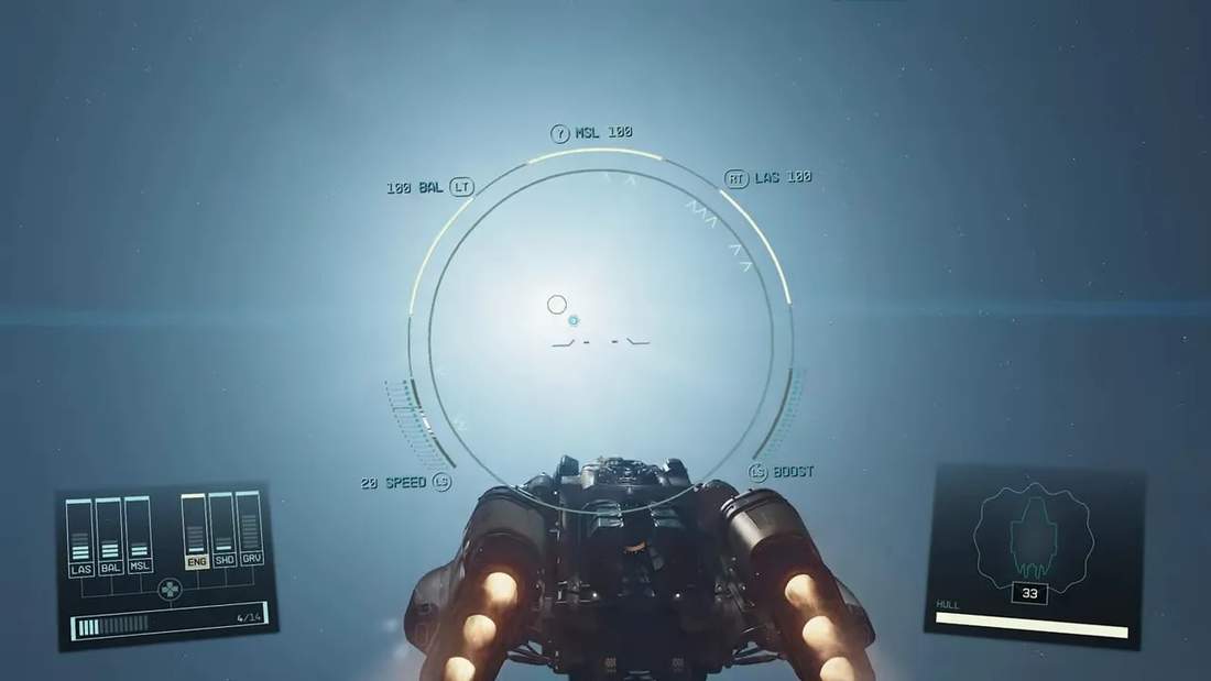first-person cockpit view facing a bright star with circular HUD