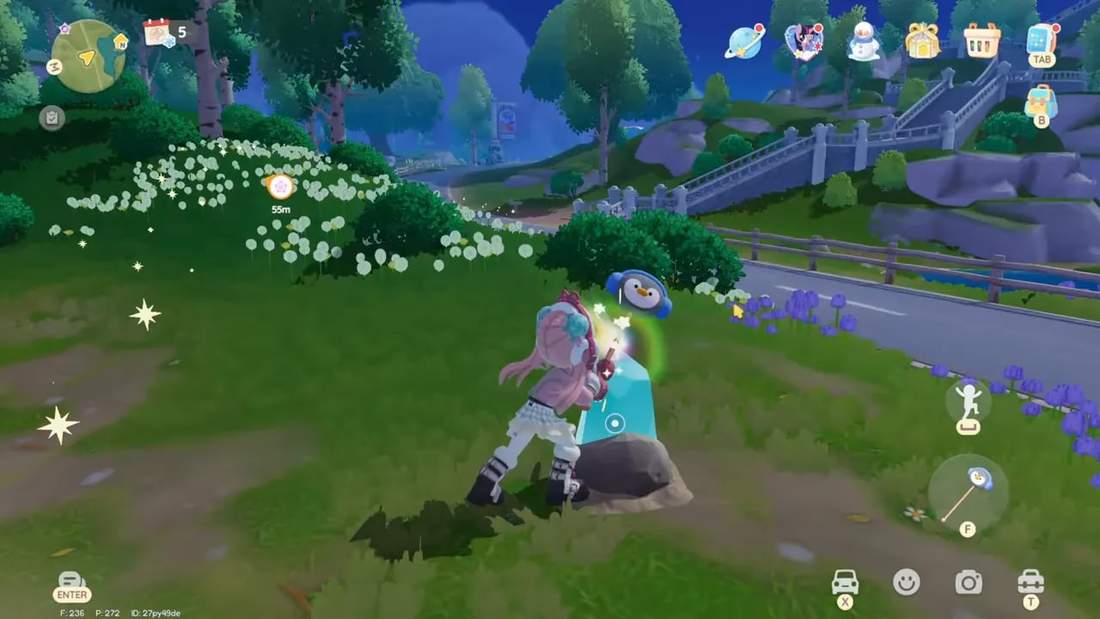 Player activating a blue Starfall shard crystal rock next to a road with village buildings visible