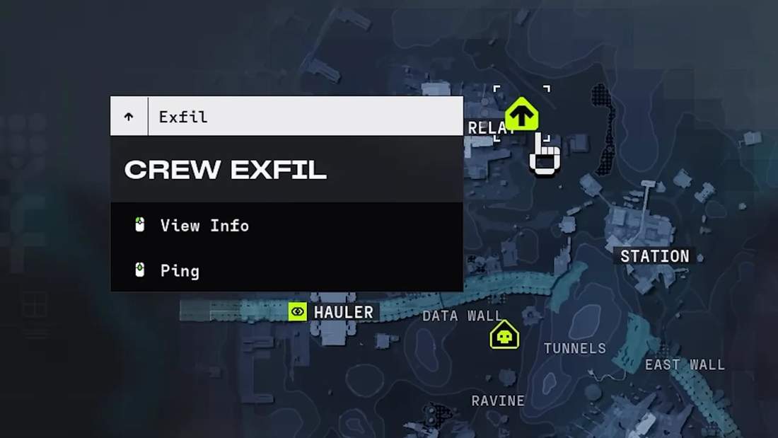 Close-up of the in-game map menu showing 'CREW EXFIL' with options 'View Info' and 'Ping' and an exfil icon.
