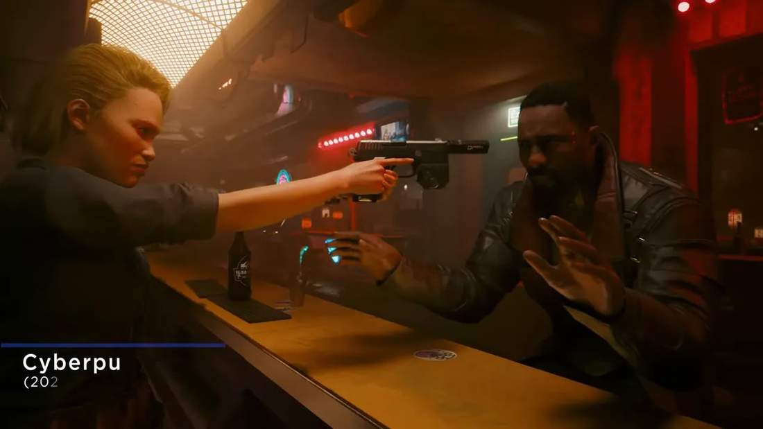 Cyberpunk 2077 bar standoff with a character aiming a pistol across the bar