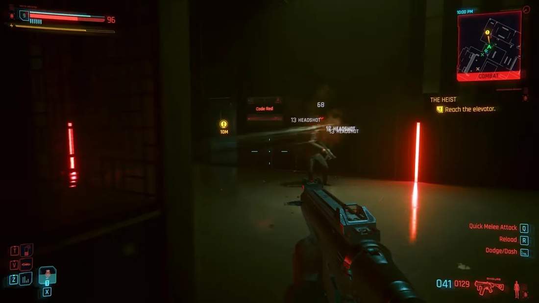 First-person combat in Cyberpunk 2077 showing the weapon, HUD, minimap, quest objective and damage numbers.