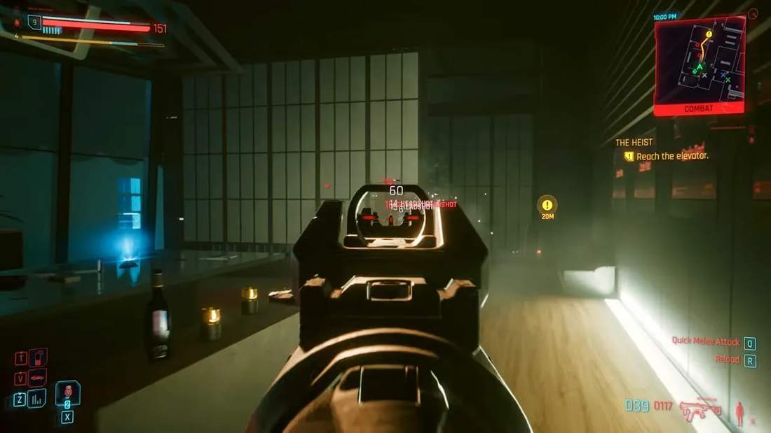 Cyberpunk 2077 first-person gun sights aiming at enemies during heist mission