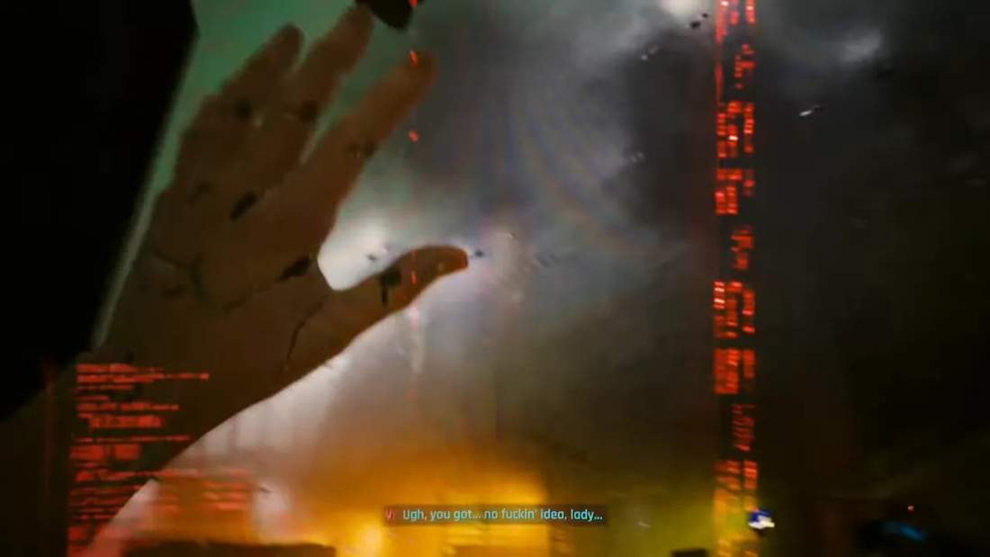 Cyberpunk 2077 first-person view of a hand against a rain-soaked window with neon city lights and red on-screen UI text