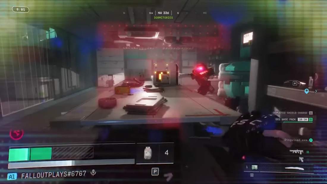 game HUD showing 'DEPLETED SHIELD_CHARGE' text, shield and health bars and med pack count