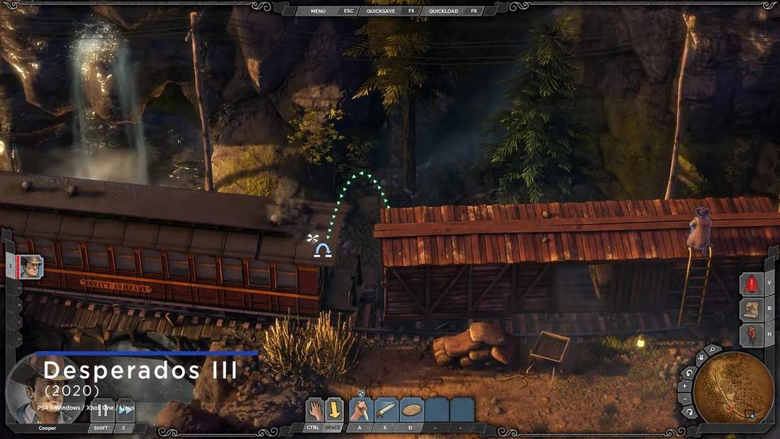 Desperados III gameplay on a train: visible movement arc, ladder access between cars, and clear HUD elements