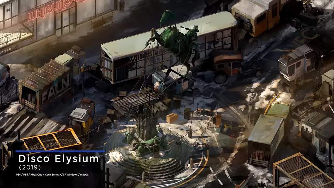 Isometric overhead shot of a snow-dusted plaza with a fountain, trucks, and urban clutter labeled 'Disco Elysium' overlay.