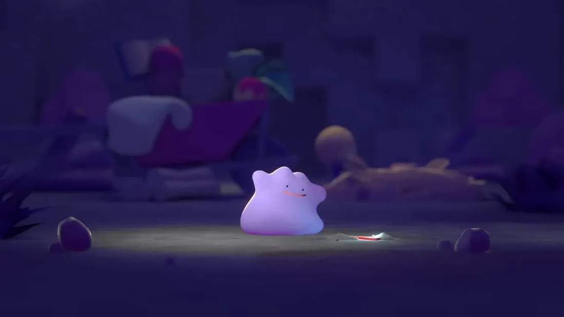 Ditto standing in a softly lit, cozy environment from the Pokopia trailer