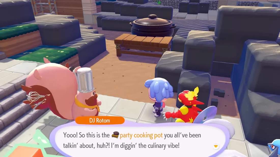 DJ Rotom excitedly saying 'So this is the party cooking pot...' with the player and Pokémon standing by the pot, indicating the party mechanic.