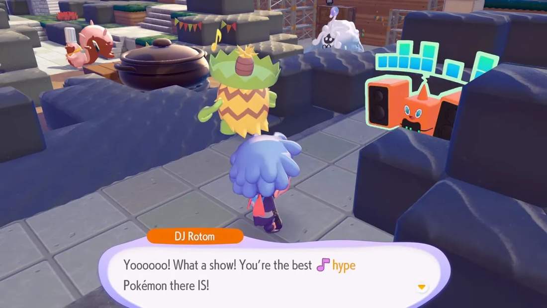 Dialogue box with DJ Rotom saying 'Yoooooo! What a show! You're the best hype Pokémon there IS!' with player and dancing Pokémon visible