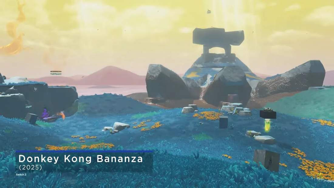 Open grassy level in Donkey Kong Bonanza with a large stone structure in the distance and yellow sky