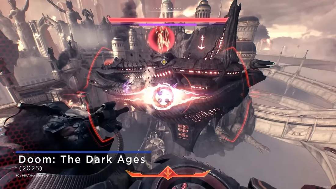 Doom: The Dark Ages aerial gameplay screenshot of a player facing a floating fortress with a glowing orb and HUD; title overlay visible.