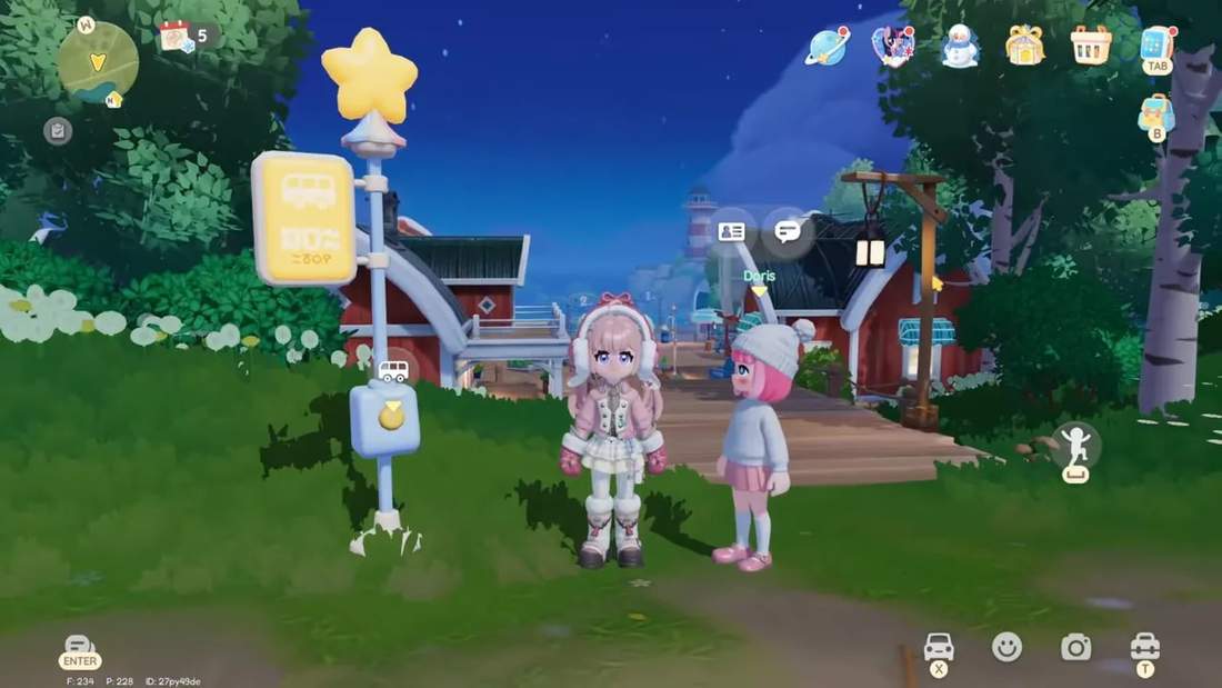 Sharp screenshot of Fishing Village bus stop sign with the player character standing and NPC Doris to the right