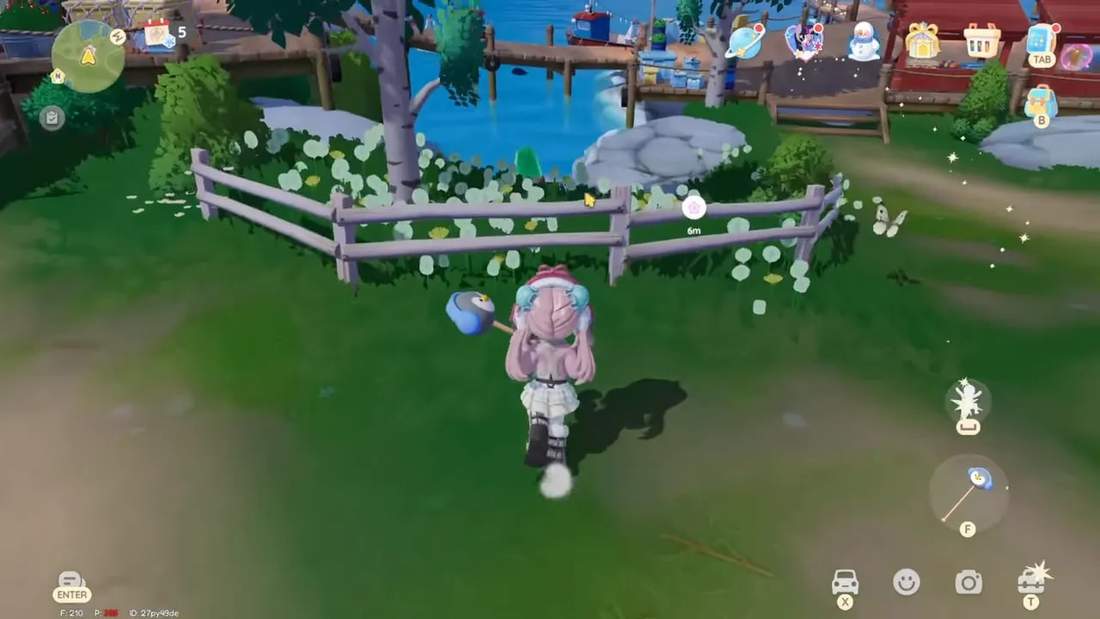Player approaching a fence with a Starfall shard marker reading 6m nearby near the water