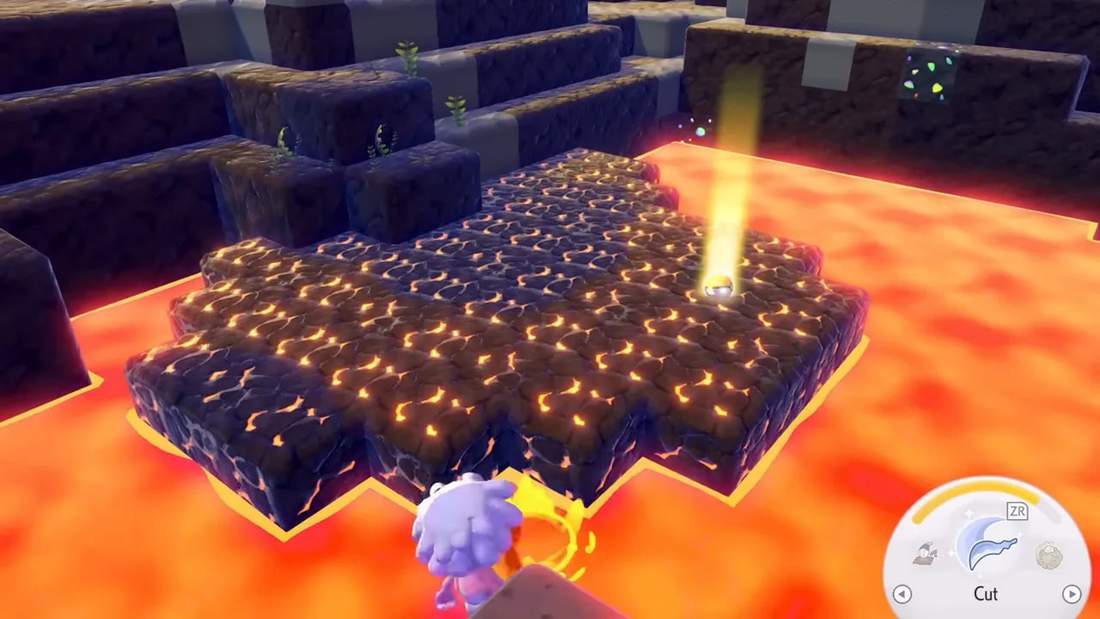 Wide view of a central lava platform with a glowing golden beam marker on a Dream Island.