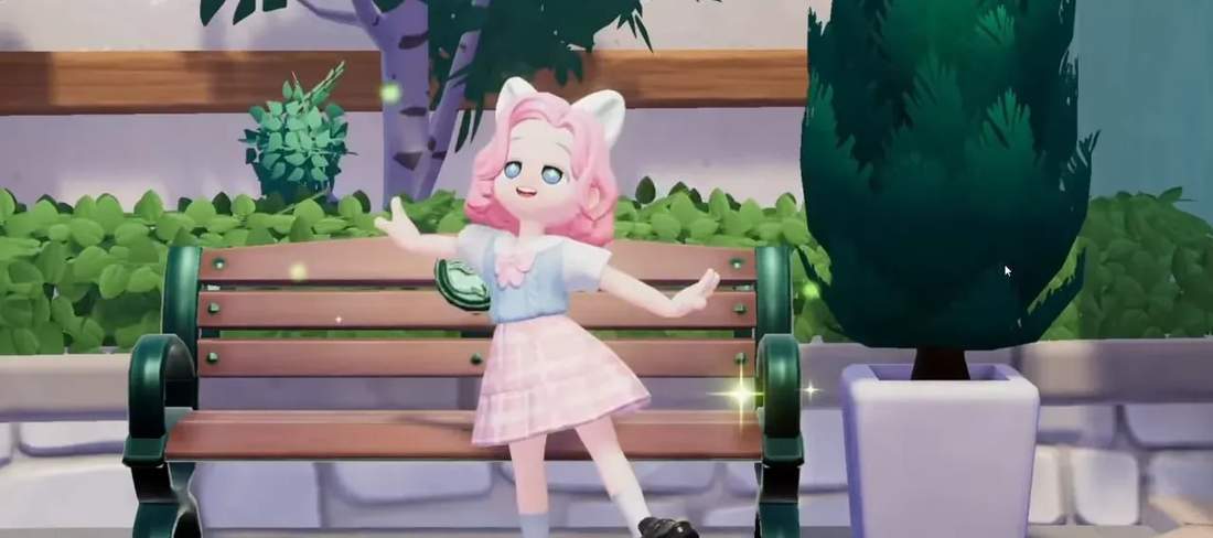 Heartopia avatar dancing in front of a park bench with sparkles and the on-screen subtitle 'is coming on March 21!'.