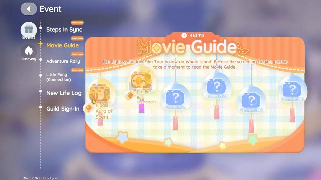 Dreamlight Festival Movie Guide event screen showing timed bubble rewards