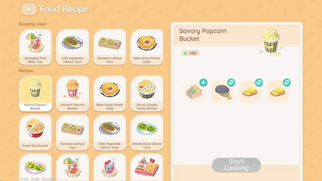 Food recipe interface showing Savory Popcorn Bucket ready to start cooking