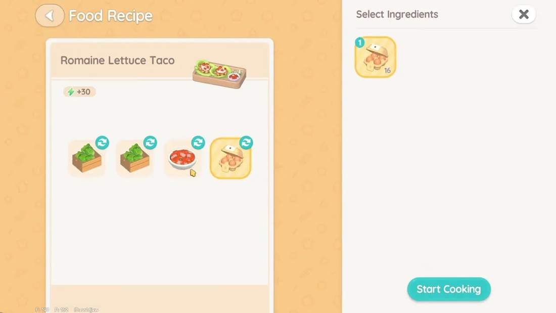 Select ingredients panel for Romaine Lettuce Taco in Dreamlight Festival cooking
