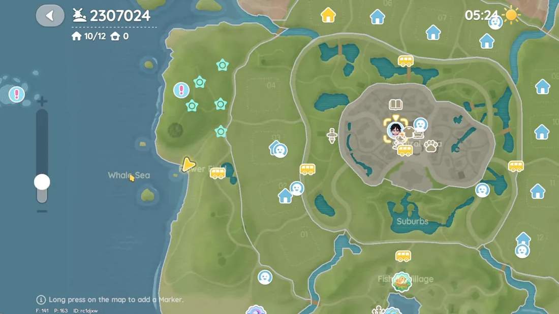 Dreamlight Valley map highlighting Whale Sea fishing zone for Dreamlight Festival stars